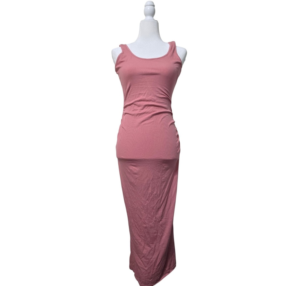 Maternity Ribbed Sleeveless Maxi Dress Mauve Pink Scoop Neck Large